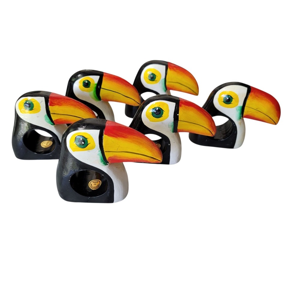Set of 6 Vintage Wooden Toucan Napkin Rings Holder 3" Hand Painted Wood Birds